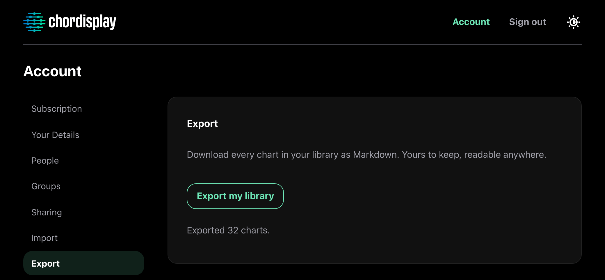 The Export panel in the web app's account settings, offering to download every chart in the library as Markdown. An Export my library button sits under the description, with a line beneath it confirming 'Exported 32 charts.'