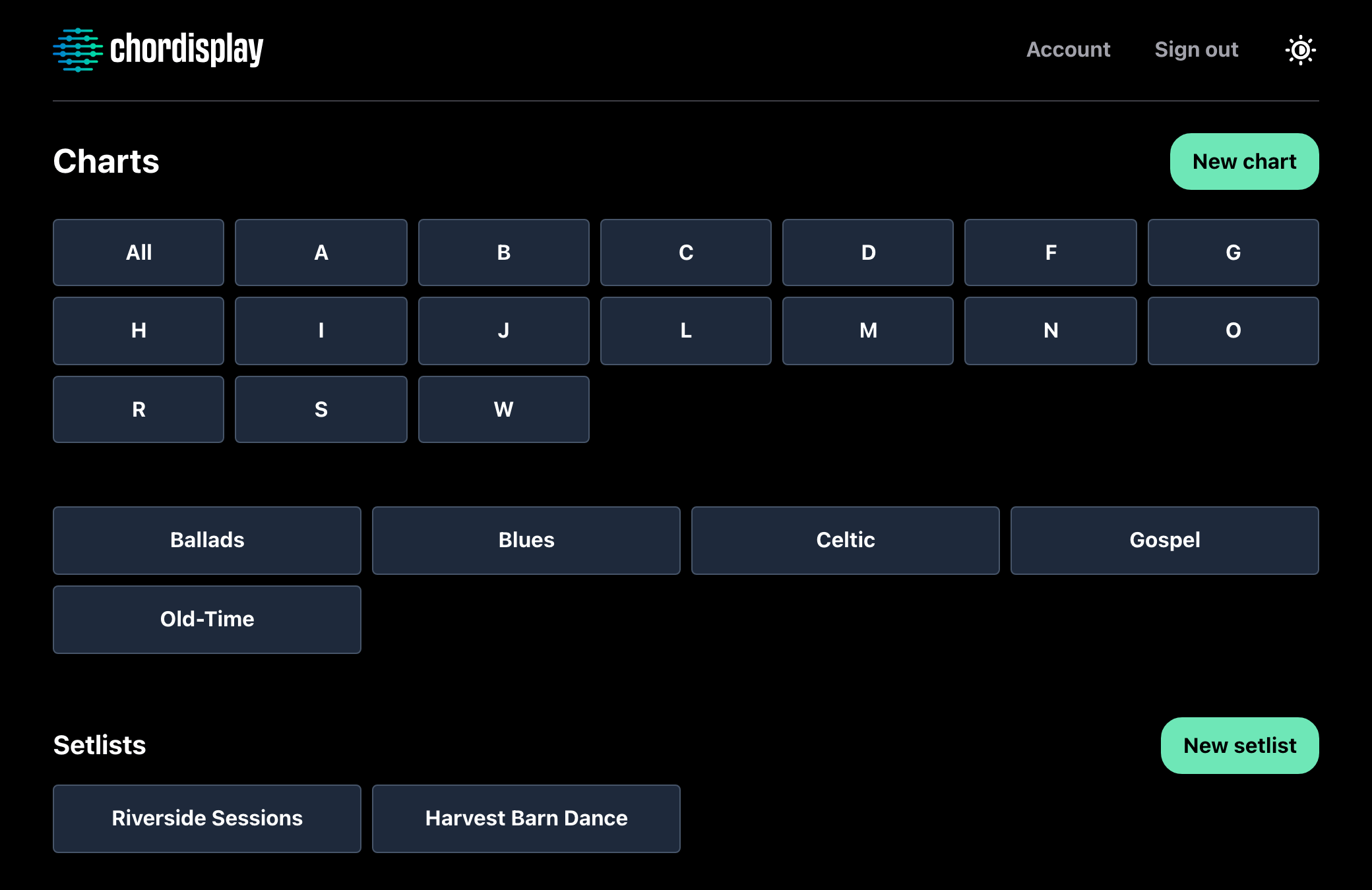 The Charts screen in the Chordisplay web app. A grid of first-letter filters runs from A to W above a row of the user's own categories — Ballads, Blues, Celtic, Gospel, Old-Time — and below them a Setlists heading lists Riverside Sessions and Harvest Barn Dance.