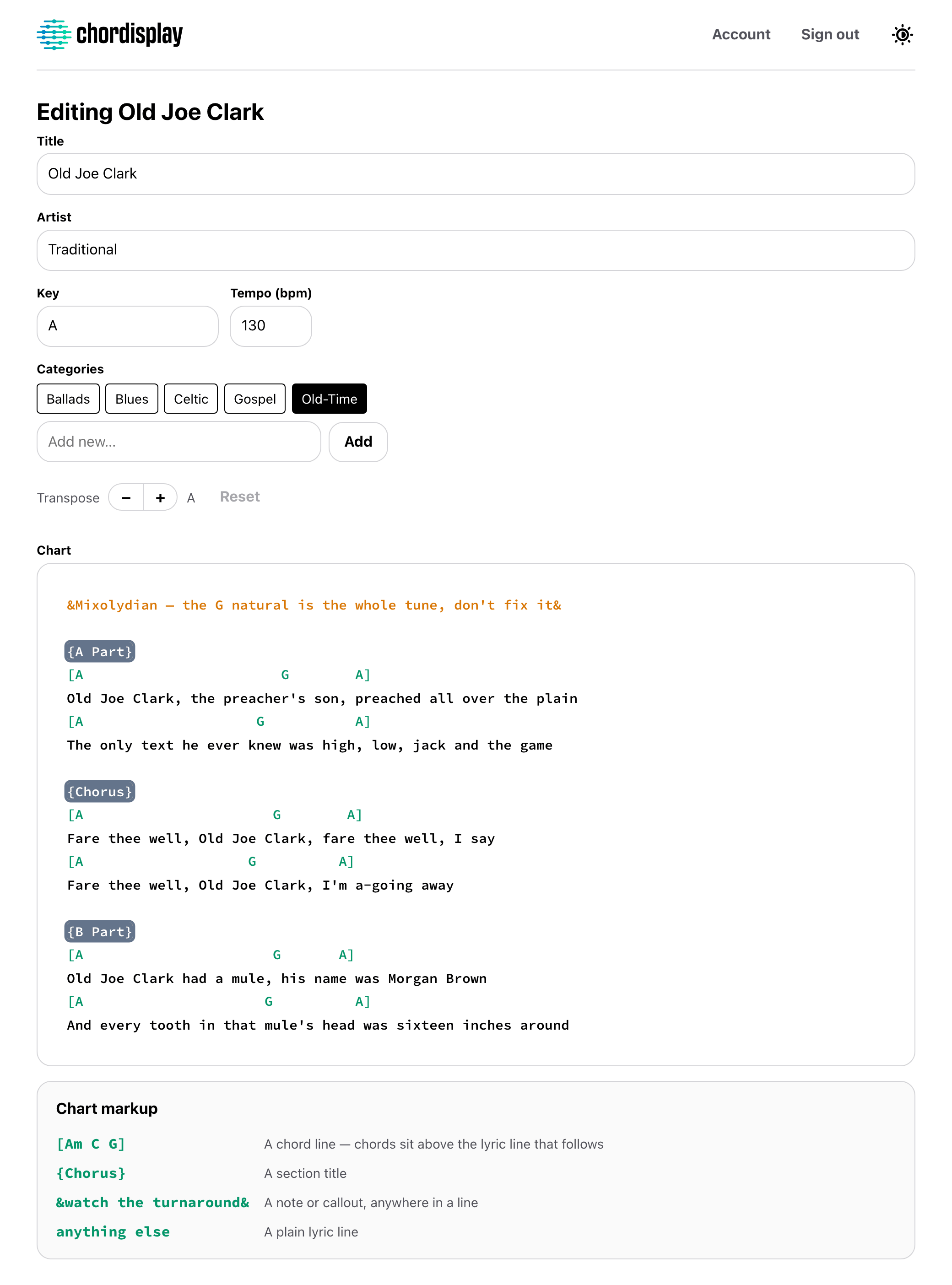 The chart editor in a desktop browser, editing Old Joe Clark. Title, artist, key, tempo and category fields sit above a transpose row with minus and plus steppers and the key A, and below that a wide text area holding the chart, where chords, section titles and notes are coloured as they are typed. A key underneath names the four kinds of line: chord line, section title, note, and plain lyric.